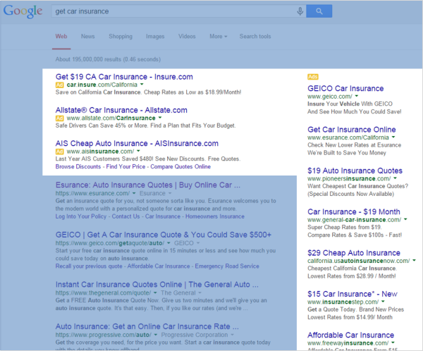 Google Results for Get Car Insurance Search Showing Ads